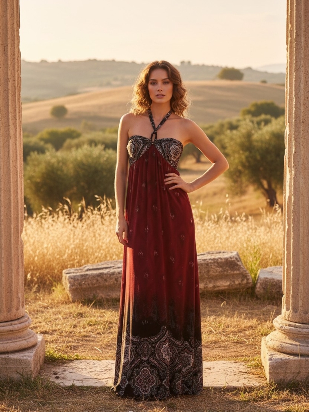 Bohemian Halter Maxi Dress in Burgundy with Paisley Border